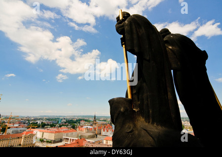 View from town hall tower, New guildhall, sculptures, Dresden, Germany Stock Photo