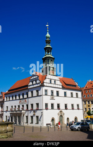 Town hall under blue sky, Pirna, Saxony, Germany, Europe Stock Photo