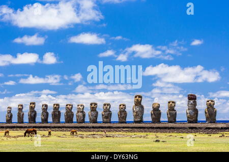 Horses grazing at the restored ceremonial site of Ahu Tongariki on Easter Island (Isla de Pascua) (Rapa Nui), UNESCO Site, Chile Stock Photo