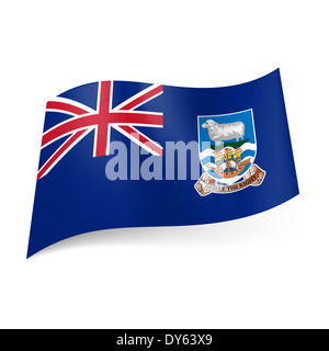 Flag of Overseas British territory - Falkland Islands. National coat-of-arms and British flag on blue background Stock Photo