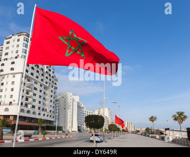 National flags stand along avenue Mohammed VI in new part of Tangier city, Morocco Stock Photo