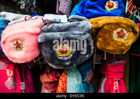 Soviet fur hats for sale in Peterhof (Petrodvorets), St. Petersburg, Russia, Europe Stock Photo