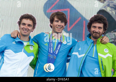 LJUBLJANA, SLOVENIA – APRIL 8: Zan Kosir with silver medal and bronze medal with his team mates. .The Slovenian Olympic team from the Sochi 2014 Winter Olympic Games was greeted on April 7, 2014 in Ljubljana, Slovenia. The Slovenian Olympic team won 8 medals in Sochi 2014 Winter Olympic Games, that is the most historic time of The Republic of Slovenia. (Photo by Rok Rakun / Pacific Press/Alamy Live News) Stock Photo