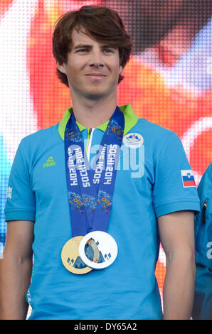 LJUBLJANA, SLOVENIA – APRIL 8: Zan Kosir with silver medal for second place in snowboarding, parallel slalom and bronze medal for snowboarding, parallel giant slalom .The Slovenian Olympic team from the Sochi 2014 Winter Olympic Games was greeted on April 7, 2014 in Ljubljana, Slovenia. The Slovenian Olympic team won 8 medals in Sochi 2014 Winter Olympic Games, that is the most historic time of The Republic of Slovenia. (Photo by Rok Rakun / Pacific Press/Alamy Live News) Stock Photo