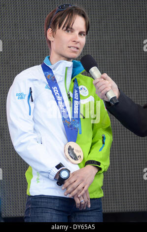 LJUBLJANA, SLOVENIA – APRIL 8:Teja Gregorin with bronze medal won in biathlon, 10km pursuit in Sochi 2014 Olympic Games .The Slovenian Olympic team from the Sochi 2014 Winter Olympic Games was greeted on April 7, 2014 in Ljubljana, Slovenia. The Slovenian Olympic team won 8 medals in Sochi 2014 Winter Olympic Games, that is the most historic time of The Republic of Slovenia. (Photo by Rok Rakun / Pacific Press/Alamy Live News) Stock Photo