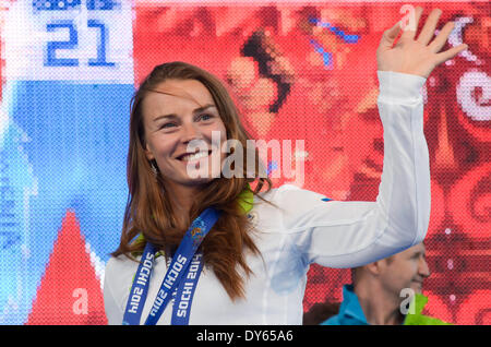 LJUBLJANA, SLOVENIA – APRIL 8: Tina Maze with two gold medals from Sochi 2014 Olympic Games. One for alpine skiing, downhill and second for alpine skiing,giant slalom. The Slovenian Olympic team from the Sochi 2014 Winter Olympic Games was greeted on April 7, 2014 in Ljubljana, Slovenia. The Slovenian Olympic team won 8 medals in Sochi 2014 Winter Olympic Games, that is the most historic time of The Republic of Slovenia. (Photo by Rok Rakun / Pacific Press/Alamy Live News) Stock Photo