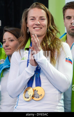 LJUBLJANA, SLOVENIA – APRIL 8: Tina Maze with two gold medals from Sochi 2014 Olympic Games. One for alpine skiing, downhill and second for alpine skiing,giant slalom. The Slovenian Olympic team from the Sochi 2014 Winter Olympic Games was greeted on April 7, 2014 in Ljubljana, Slovenia. The Slovenian Olympic team won 8 medals in Sochi 2014 Winter Olympic Games, that is the most historic time of The Republic of Slovenia. (Photo by Rok Rakun / Pacific Press/Alamy Live News) Stock Photo