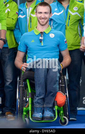 LJUBLJANA, SLOVENIA – APRIL 8: Gal Jakic only competitor from Slovenia on Sochi 2014 Winter Paraolympic Games .The Slovenian Olympic team from the Sochi 2014 Winter Olympic Games was greeted on April 7, 2014 in Ljubljana, Slovenia. The Slovenian Olympic team won 8 medals in Sochi 2014 Winter Olympic Games, that is the most historic time of The Republic of Slovenia. (Photo by Rok Rakun / Pacific Press/Alamy Live News) Stock Photo