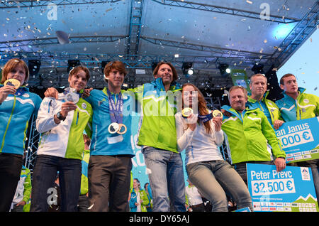 LJUBLJANA, SLOVENIA – APRIL 8: The Slovenian Olympic team from the Sochi 2014 Winter Olympic Games was greeted on April 7, 2014 in Ljubljana, Slovenia. The Slovenian Olympic team won 8 medals in Sochi 2014 Winter Olympic Games, that is the most historic time of The Republic of Slovenia. (Photo by Rok Rakun / Pacific Press/Alamy Live News) Stock Photo