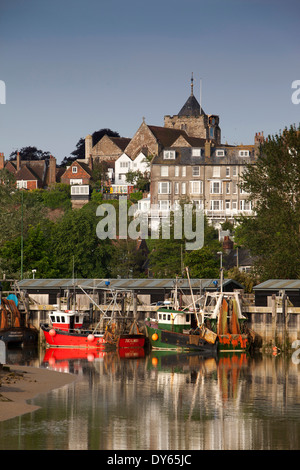 East Sussex, Rye, fishing boats moored on River Rother Quay below town Stock Photo