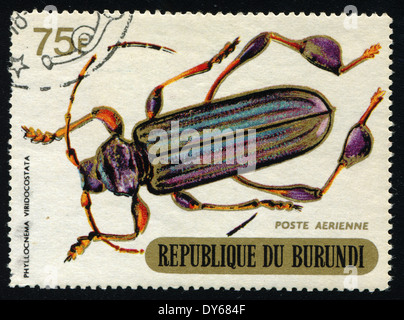 REPUBLIC OF BURUNDI - CIRCA 1970:printed in Republic of Burundi shows shows beetle (PHYLLOCNEMA VIRIDOCOSTATA), circa 1970.