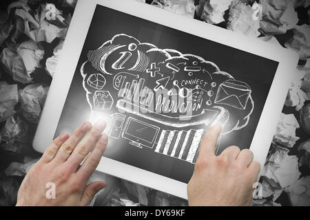 Composite image of hand touching tablet Stock Photo