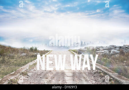 The word new way against stony path leading to misty cityscape Stock ...