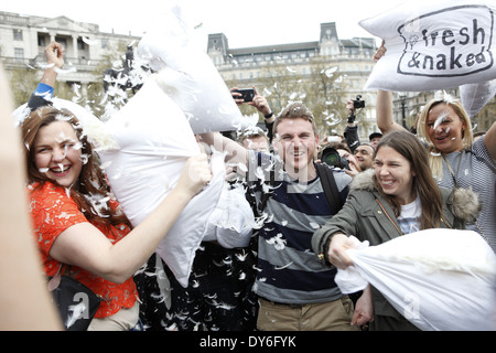 The annual International Pillow Fight flash mob held at Trafalgar Square in London on the 5th April, England, UK Stock Photo