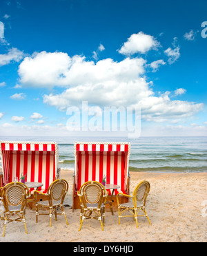 typical beach cafe on the Baltic Sea. lanscape with cloudy blue sky Stock Photo