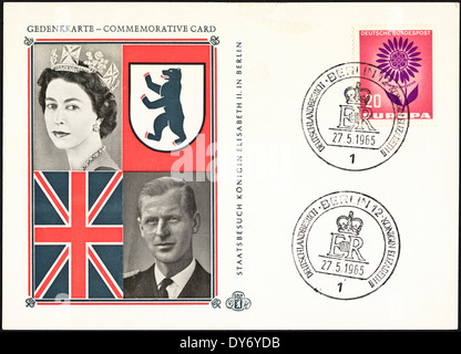 Commemorative card Germany postage stamps Queen Elizabeth II visit to Berlin postmarked Berlin 27th May 1965 Stock Photo