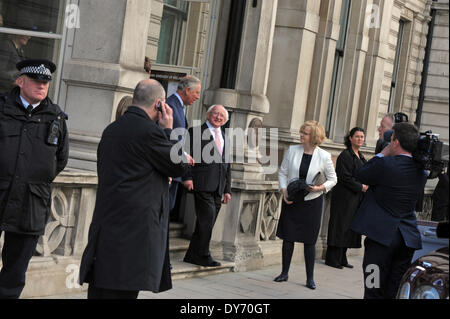 London, UK. 8th April, 2014. Irish President Michael D Higgins visits the Irish Embassy accompanied by Prince Charles Credit:  JOHNNY ARMSTEAD/Alamy Live News Stock Photo