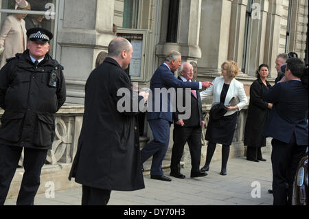 London, UK. 8th April, 2014. Irish President Michael D Higgins visits the Irish Embassy accompanied by Prince Charles Credit:  JOHNNY ARMSTEAD/Alamy Live News Stock Photo