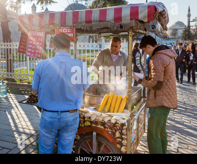 Street vendor selling corn on the cob and roasted chestnuts in Sultanahmet Park, Sultanahmet district, Istanbul,Turkey Stock Photo