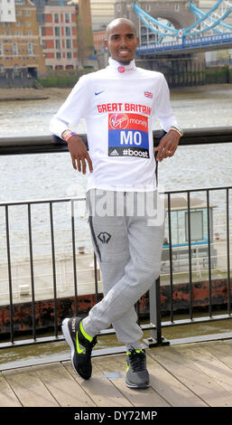 London, UK. 08th Apr, 2014. Mo Farah attends a photocall for the Virgin London Marathon 2014, outside the Tower Hotel in London,  on April 8th 2014 Credit:  KEITH MAYHEW/Alamy Live News Stock Photo