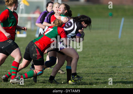 Aberystwyth university women (in red and green) playing rugby against Trinity St Davids university, Wales UK Stock Photo