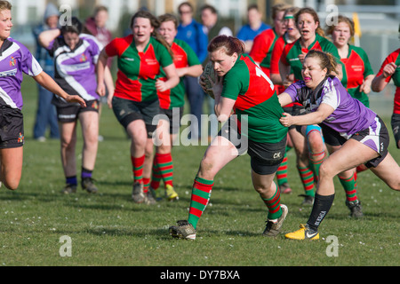 Aberystwyth university women (in red and green) playing rugby against Trinity St Davids university, Wales UK Stock Photo