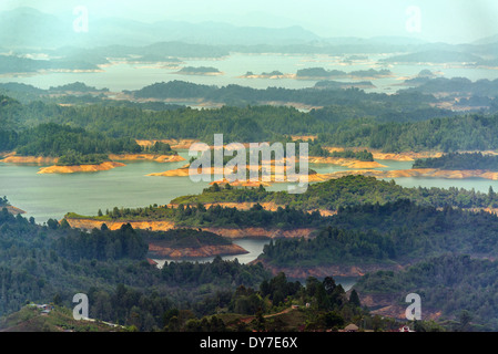 Beautiful lake at Guatape with a series of forested islands in it in Antioquia, Colombia Stock Photo