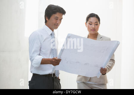 Estate agent and buyer looking at blueprint Stock Photo