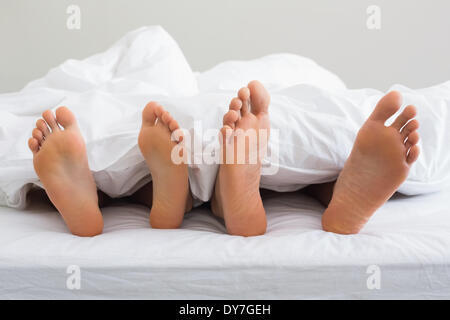 Couples feet sticking out from under duvet Stock Photo