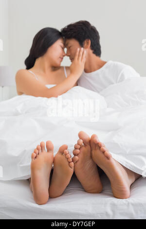 Affectionate couples feet sticking out from under duvet Stock Photo