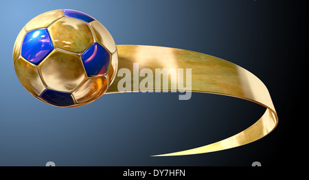 A gold and blue soccer ball being trailed by a gold ribbon swoosh on an isolated dark background Stock Photo