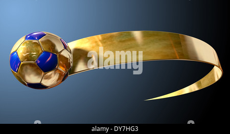 A gold and blue soccer ball being trailed by a gold ribbon swoosh on an isolated dark background Stock Photo