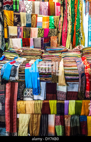 Close-up of a scarf and textile stall at the night market or souk in Luxor, Egypt Stock Photo