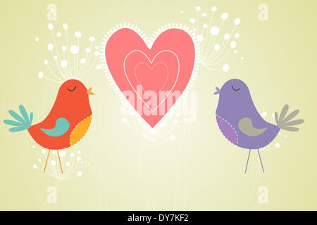Love birds with heart and dandelions Stock Photo