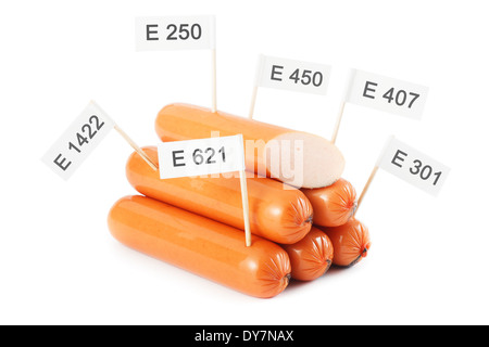 Unhealthy food concept - chemical additives in food. Sausages isloated on white background Stock Photo
