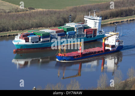 Feeder and a specialised vessel on the Kiel Canal or Nord-Ostsee-Kanal, Brunsbüttel, Schleswig-Holstein, Germany Stock Photo