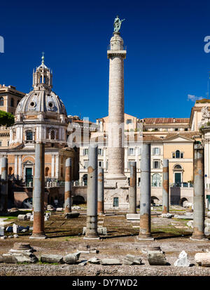 Foro di Traiano or Trajan's Forum, Trajan's Column and columns of Basilica Ulpia, Imperial Forums, Santa Maria di Loreto at the Stock Photo