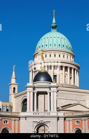 Domes of the portal of the new parliament building, Neuer Landtag, and the Protestant Nikolaikirche, St. Nicholas' Church Stock Photo