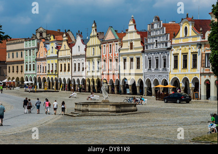 Czechia, Vysocina, Telc, view to row of historic houses at marketplace Stock Photo