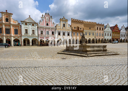 Czechia, Vysocina, Telc, view to row of historic houses at marketplace Stock Photo