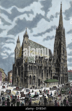 Austria. Vienna. St. Stephen's Cathedral. Engraving. 19th century. Later colouration. Stock Photo