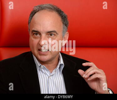 Stuttgart, Germany. 09th Apr, 2014. The former soccer European champion and international player Hansi Mueller speaks during a dpa-interview in Stuttgart, Germany, 09 April 2014. Mueller asked the German national players to prepare mentally for the World Cup in Brasil. Photo: Bernd Weissbrod/dpa/Alamy Live News Stock Photo
