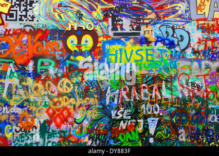Colorful graffiti at the famous John Lennon wall in Prague, Czech Republic, Europe Stock Photo