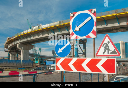Road signs before the construction of automotive decoupling Stock Photo