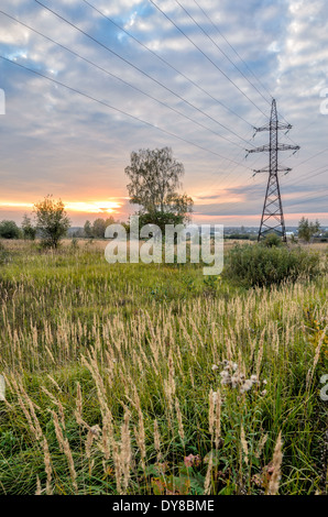 High voltage power line in meadow over sunset sky Stock Photo