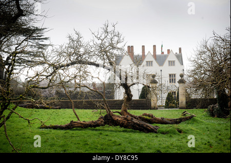 White British Elizabethan country manor house with old trees garden in winter. Stock Photo