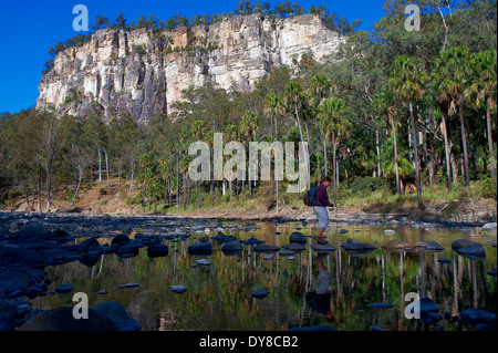 Australia, Carnarvon, national park, Queensland, brook, woman, cross, adventure, Stock Photo