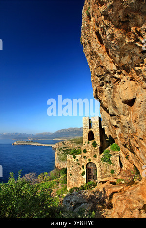 The 'hidden' byzantine church of Agitra with Cape Tigani in the background. Mani region, Lakonia prefecture, Peloponnese, Greece Stock Photo