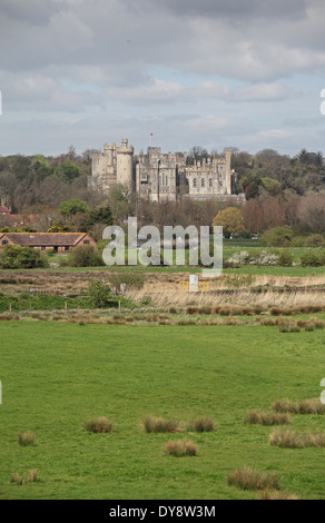 Arundel Castle, West Sussex, viewed from the south east across the flood plain of the River Arun. Stock Photo