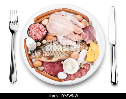 Raw meat and dairy products on a plate. View from above, on a white background.